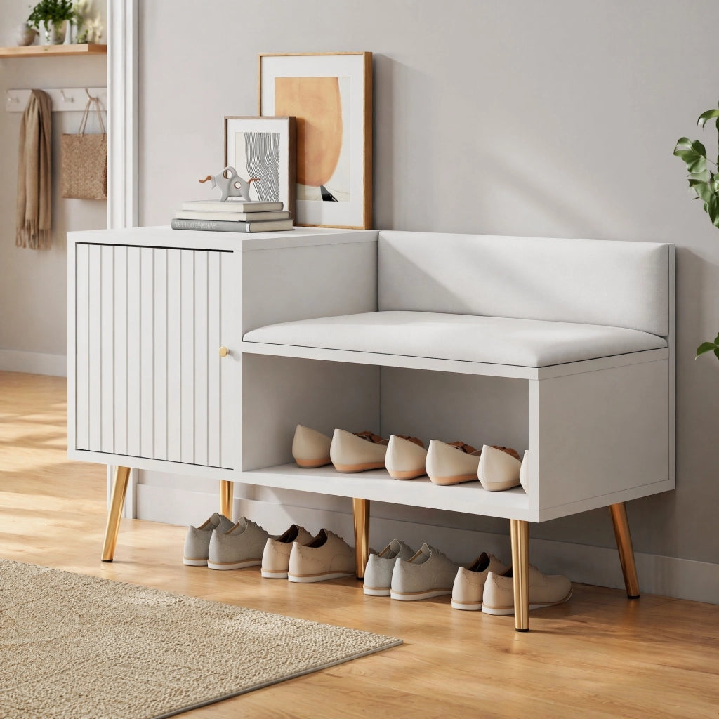 Scarpiera con seduta e schienale 100x38x58 cm in truciolare bianco con dettagli oro