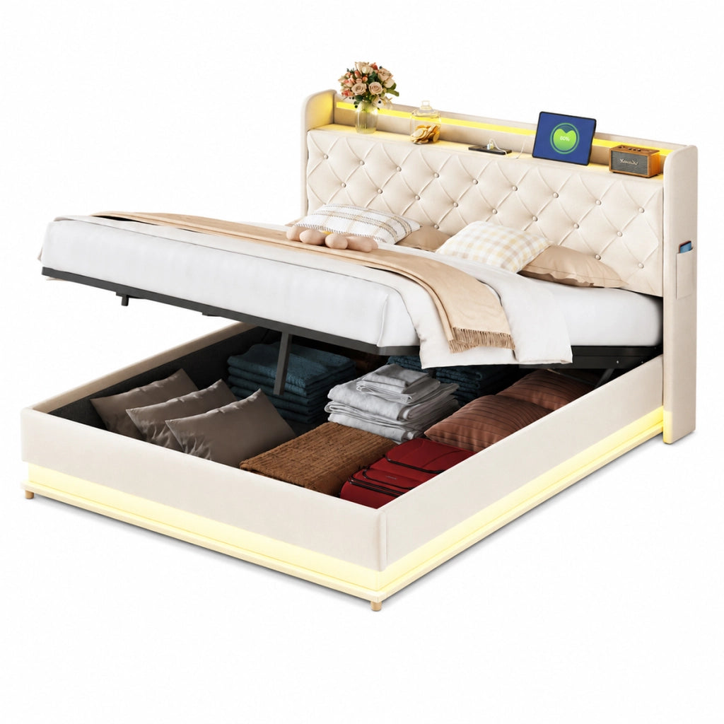 Letto imbottito 160x200 cm LED con USB e contenitore; tessuto e metallo beige
