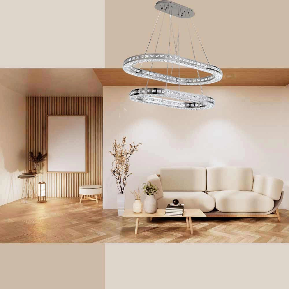 Trade Shop - Lampadario A Led 46 Watt A Sospensione Da Soffitto Cct Con 2 Anelli Cristalli B49-3c -