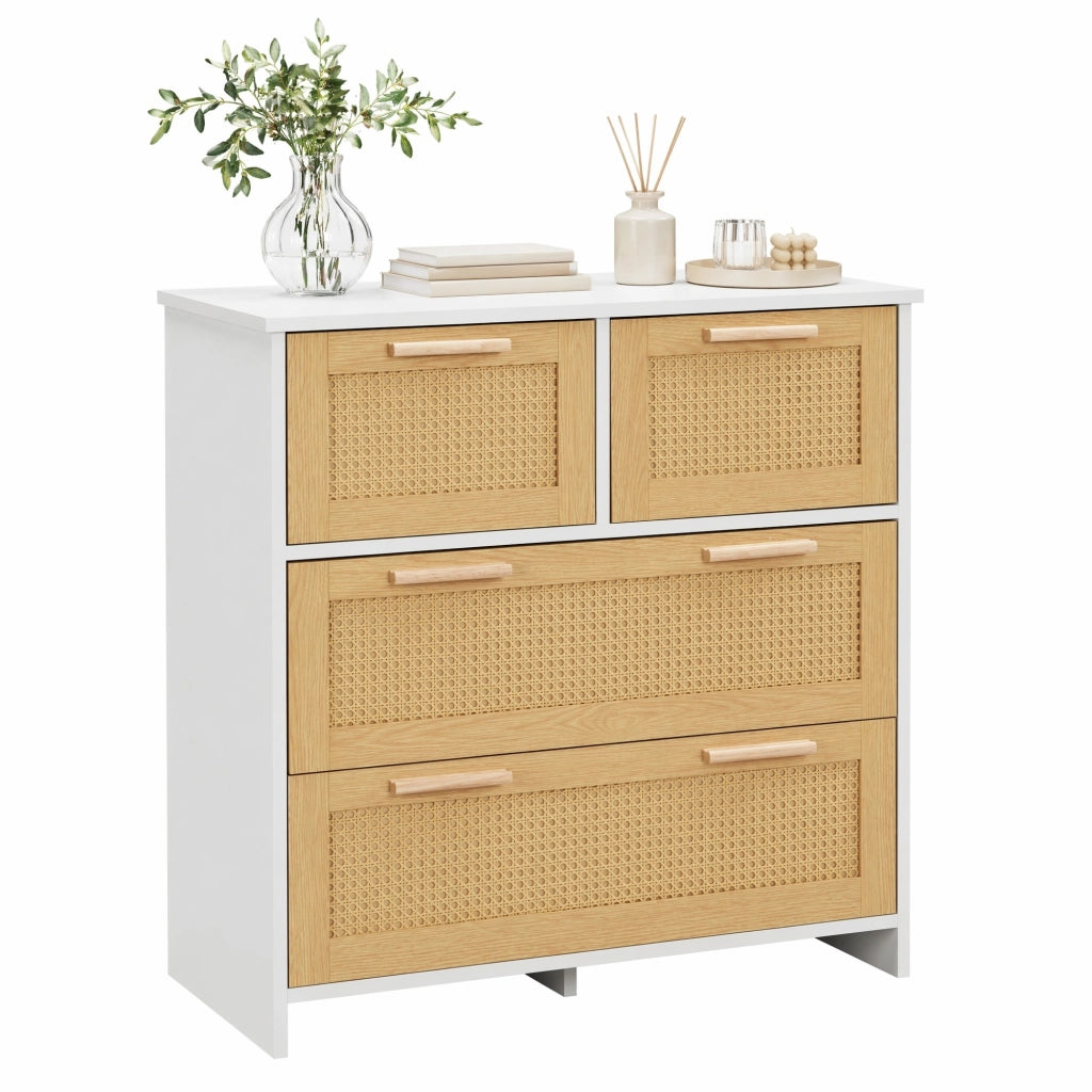 Cassettiera in rattan naturale a 4 cassetti con struttura in MDF, 80¡Á80¡Á38 cm, colore naturale e bianco