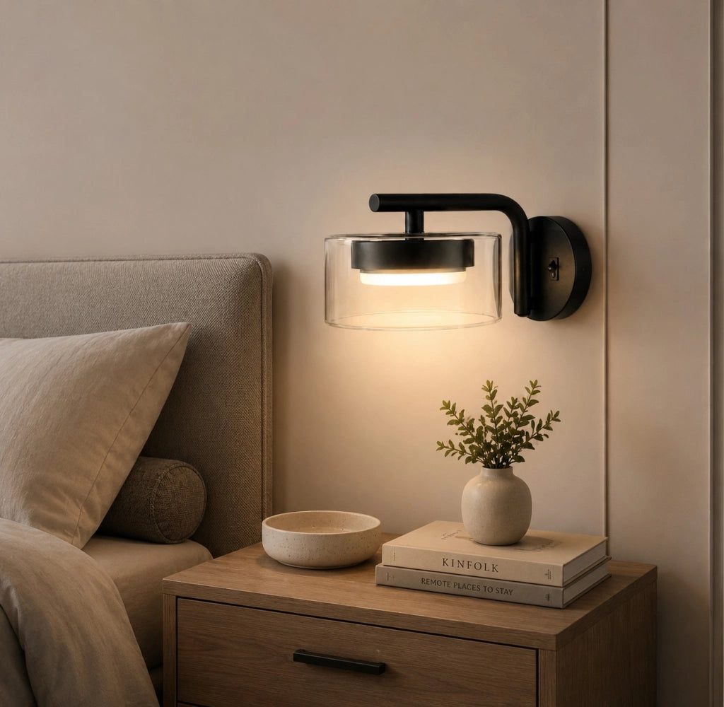Applique LED GX53 12W da Parete con Interruttore CCT 3000K-6500K Lampada Moderna in Metallo Nero e Vetro per Camera