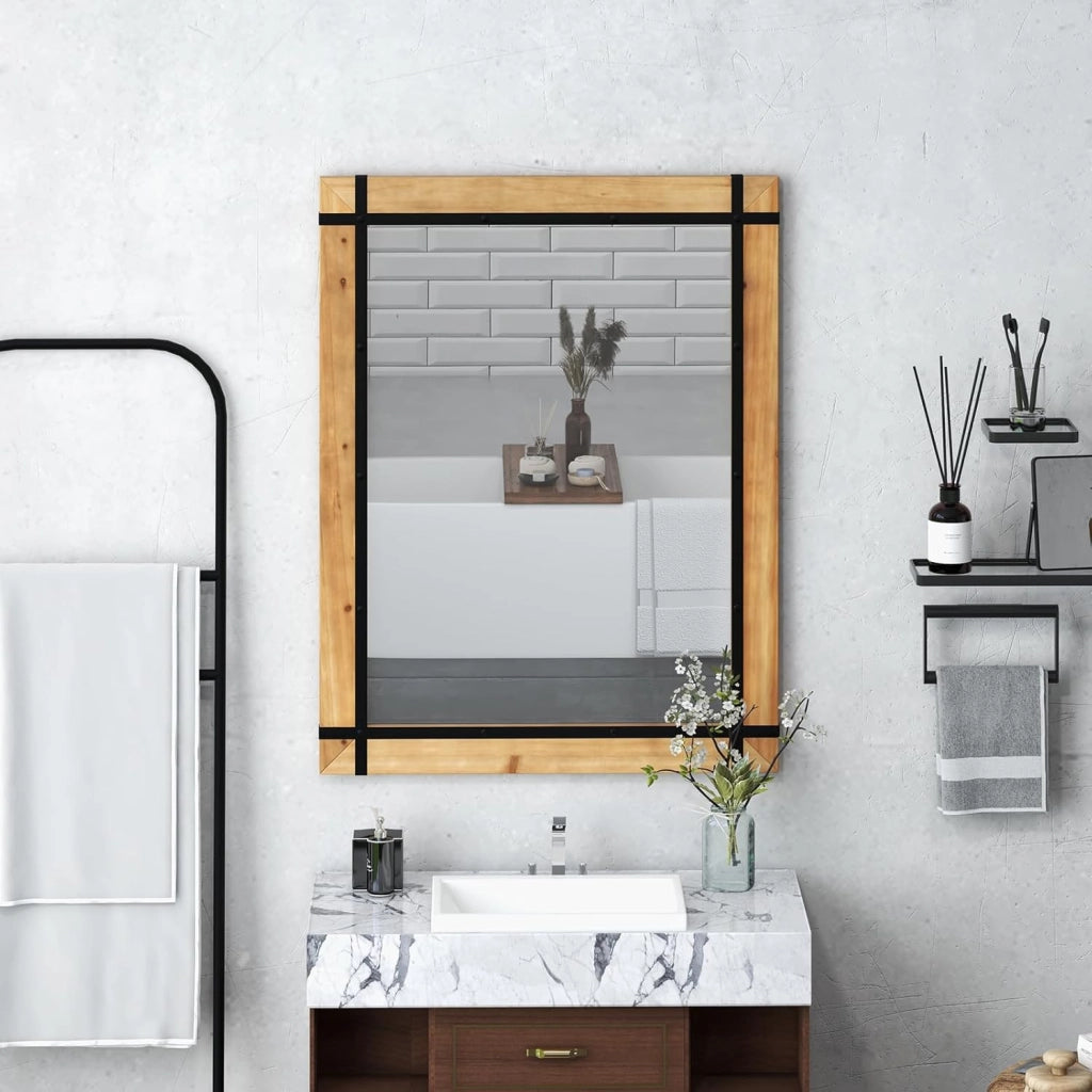 Specchio da Parete 77 x 100 CM, Specchio Rettangolare con Cornice in Legno di Abete, Specchio da Parete per Bagno Ingresso e Camera da Letto