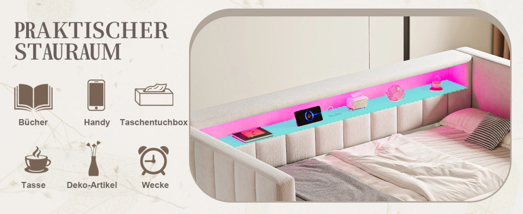 DESMIU Litto a scomparsa 90 × 190 cm 2 posti con USB-Type-C, LED regolabile e vano, senza materasso, in velluto beige