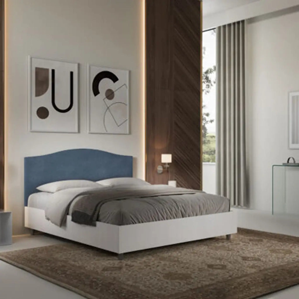 Letto matrimoniale senza rete 160x190 bianco frassino testata microfibra blu Grace