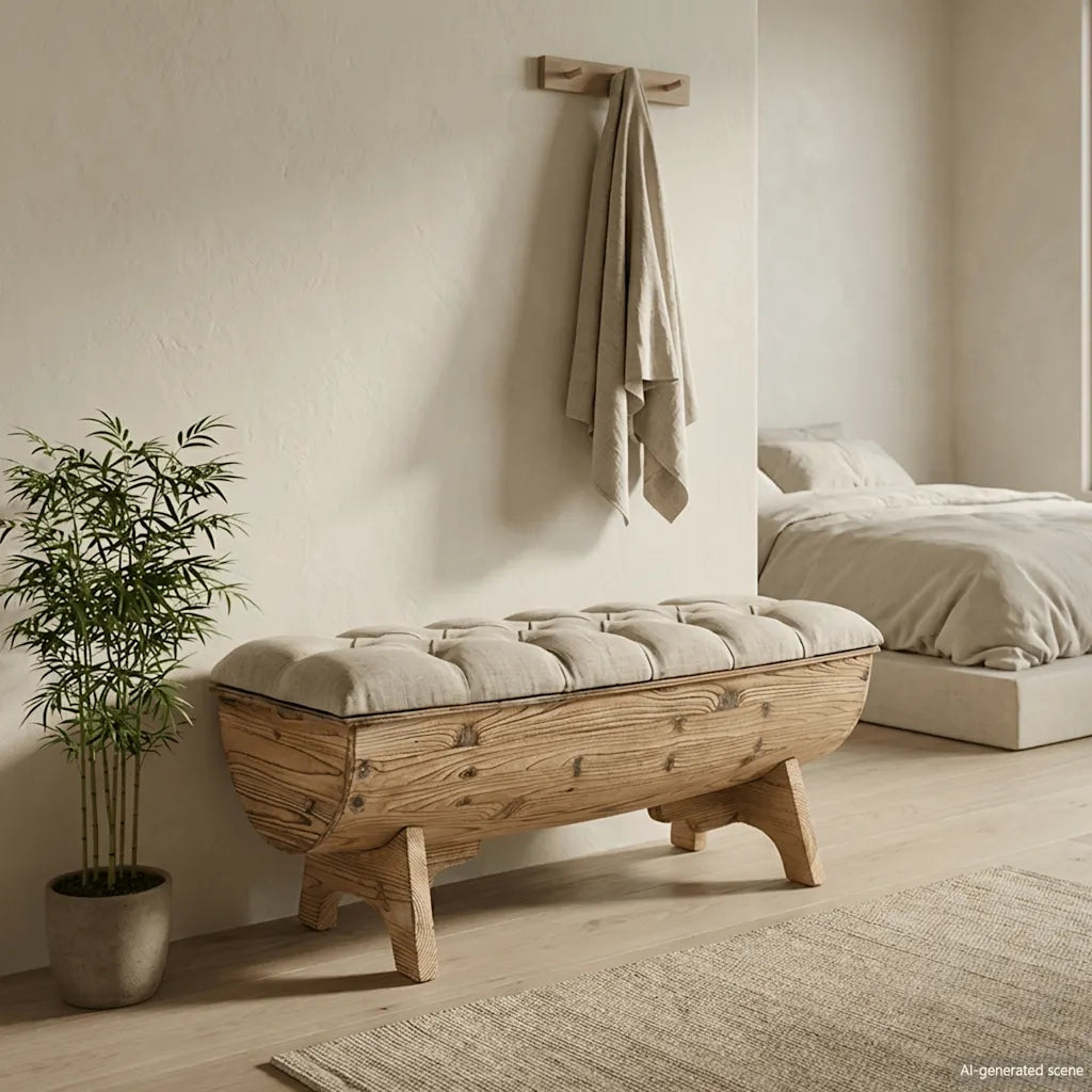 Cassapanca in Legno Massello e Tessuto 103x51x44 cm