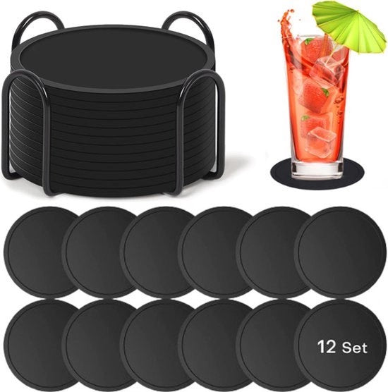 Set di 12 Sottopanchine in Silicone con Supporto - Sottopanchine per Vetrini - Sottopanchine in Silicone - Sottopanchine Ronde - Design - Sottopanchine Antiscivolo - Resistenti al Calore - Nero - Regalo