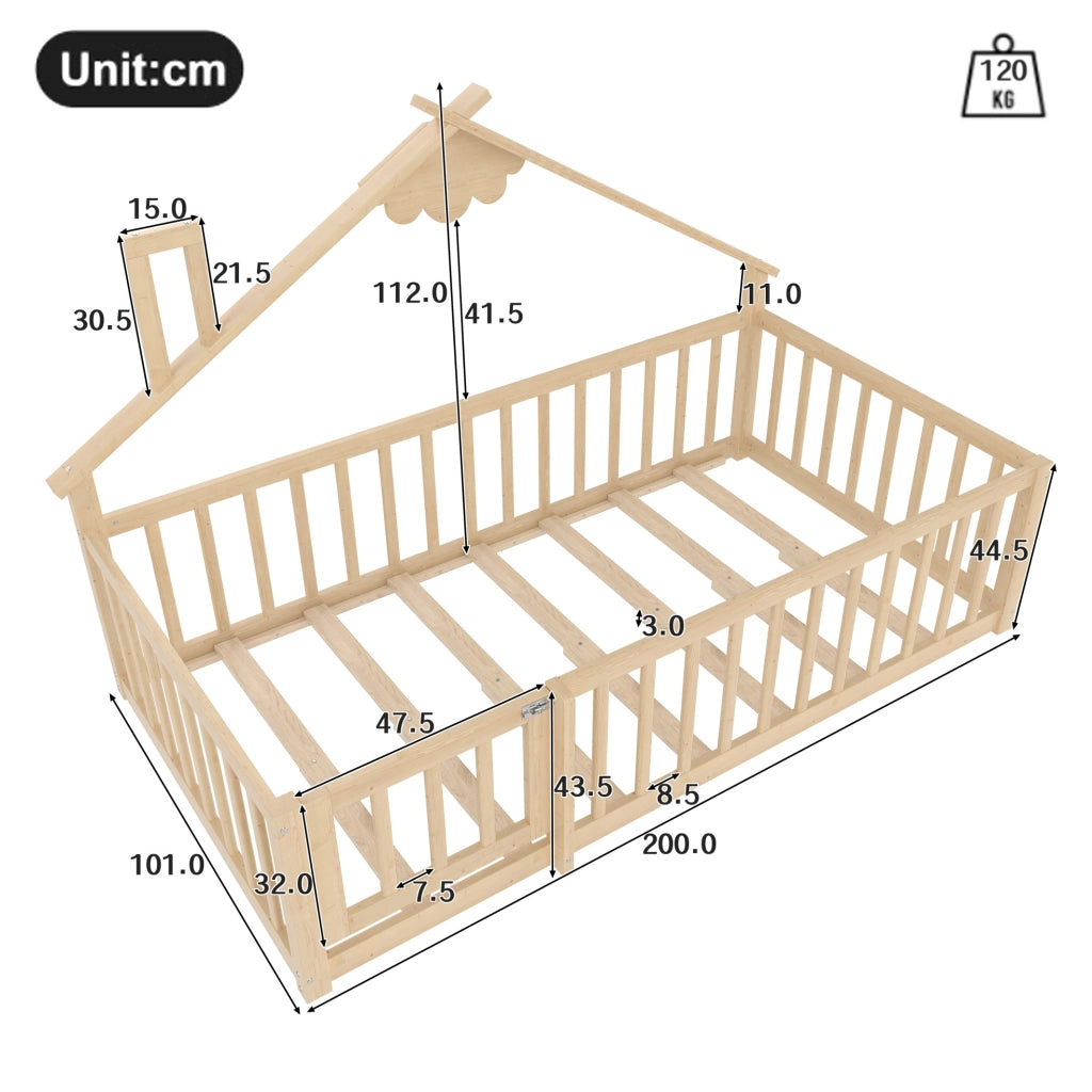 Letto per bambini 90x190 cm; casetta con sponde e chiusura; pino e MDF; colore naturale (Senza materasso)