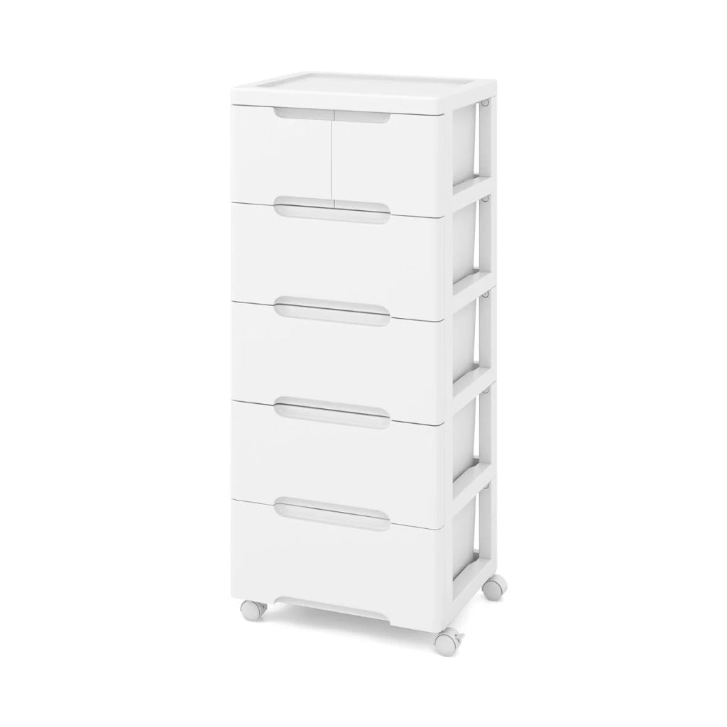 Mobile contenitore verticale 40 x 32 x 96 cm con 5 cassetti mobili e chiudibili a chiave stile moderno bianco PP 20_0012737