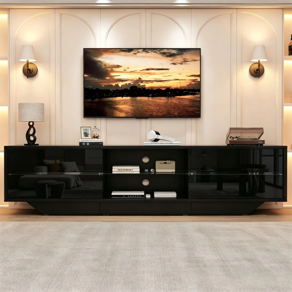 Mobile TV lucido nero 160¡Á35¡Á44,5 cm con illuminazione LED RGB, 4 vani e ante a ribalta