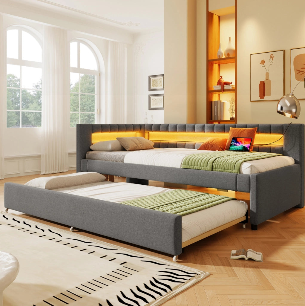Divano letto 90x200 cm grigio con letto estraibile, LED, USB e Type-C