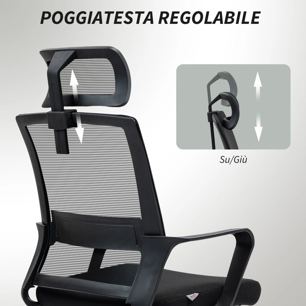 Sedia da Ufficio Ergonomica 60x64Px102-112H cm con Poggiatesta e Altezza Regolabili Nero