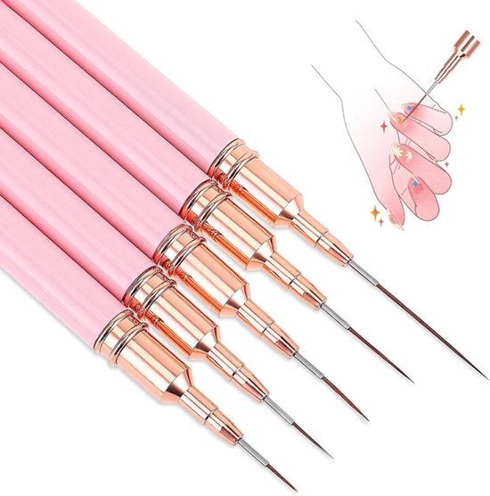 Set di pennelli per nail art da 5 pezzi - pennello fineliner per vernice a base di gomma pennello per dettagli manicure pennello a punta per dettagli - pennello a spazzola rosa per geli per unghie
