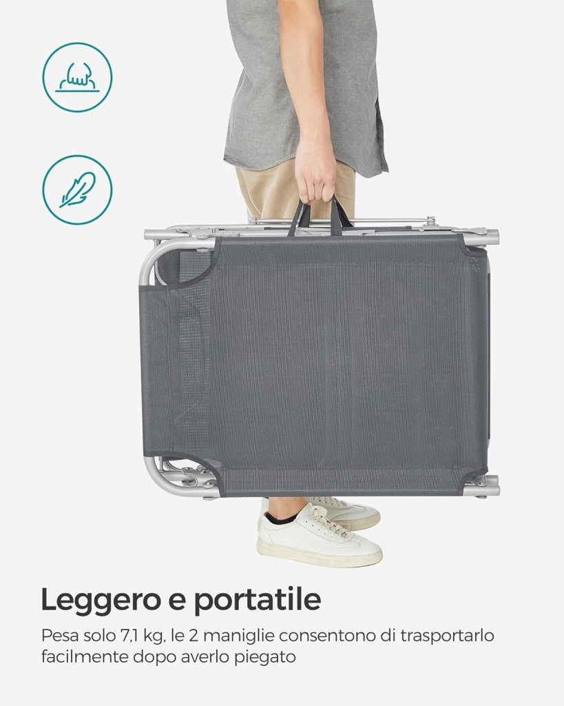 SONGMICS Lettino Prendisole, Sedia a Sdraio Pieghevole, 193 x 53 x 29 cm, Max Portata 150 kg, con Poggiatesta Parasole e Schienale Reclinabile, per Terrazzo Piscina Giardino, Grigio Scuro GCB19UV1