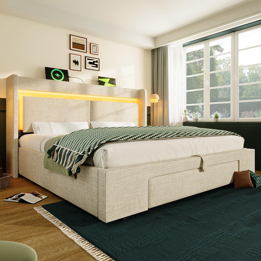 Letto imbottito 140x200 cm - Xylo - Beige lino, testiera con LED/USB, idraulico