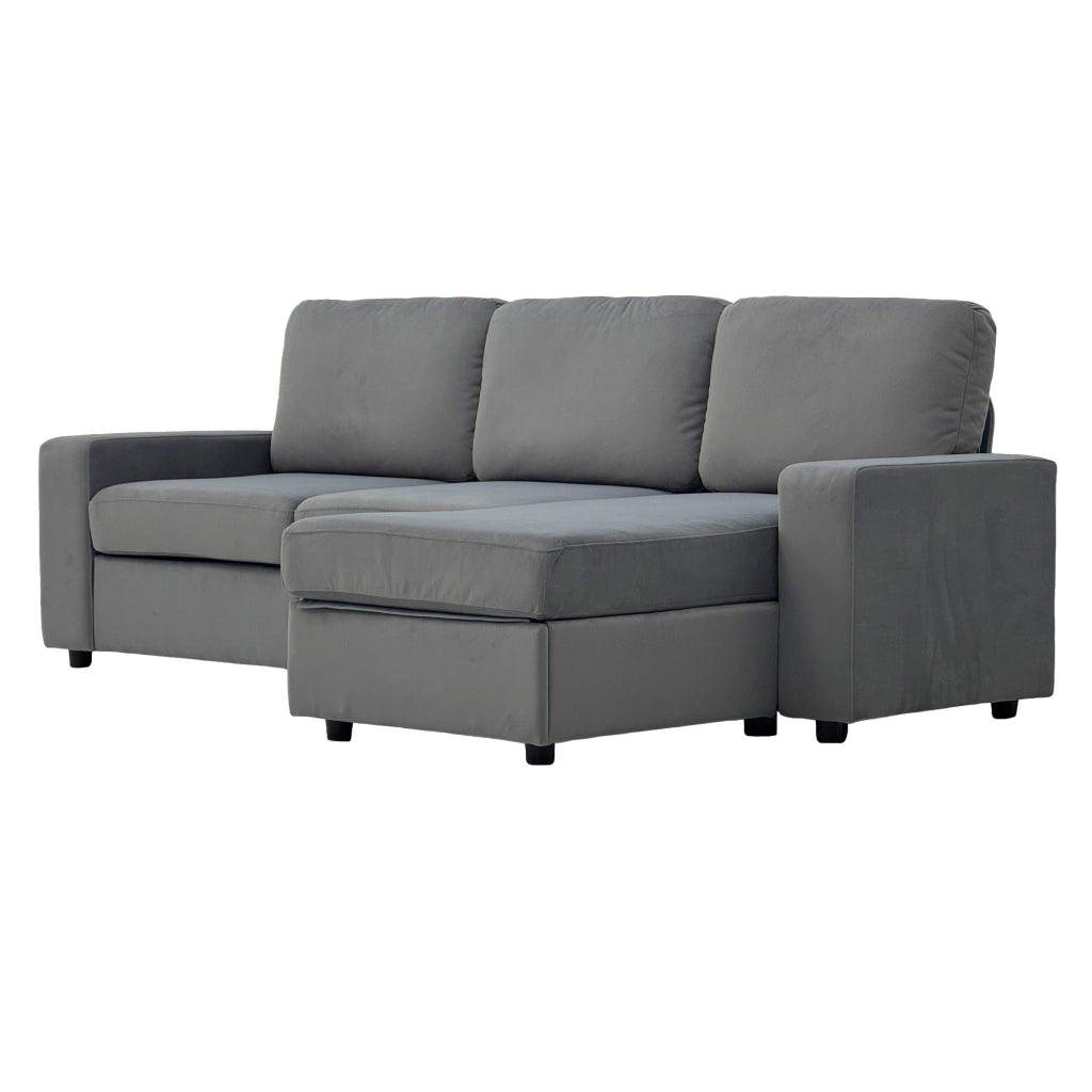 Divano angolare convertibile con contenitore, chaise longue reversibile in tessuto grigio