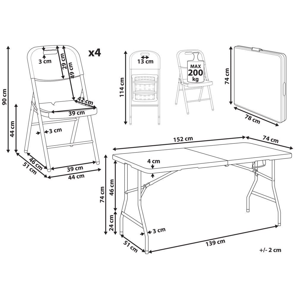 Set da pranzo da giardino a 4 posti Materiale sintetico bianco 152 x 74 Tavolo e 4 sedie pieghevoli con gambe in metallo