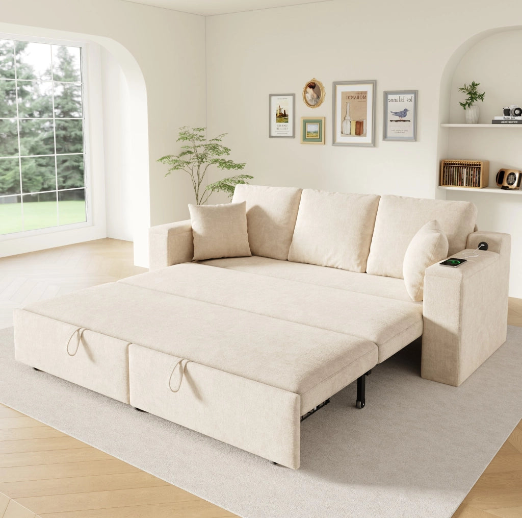 Divano 3 posti trasformabile con letto estraibile 210;5x192 cm; chenille beige
