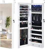 Armadietto Portagioie con Specchio, Armadio per Gioielli con 6 Luci LED e Cassetti, Organizer Gioielli per Camera da Letto e Cabina Armadio, 36 x 10 x 108 cm (Bianco)