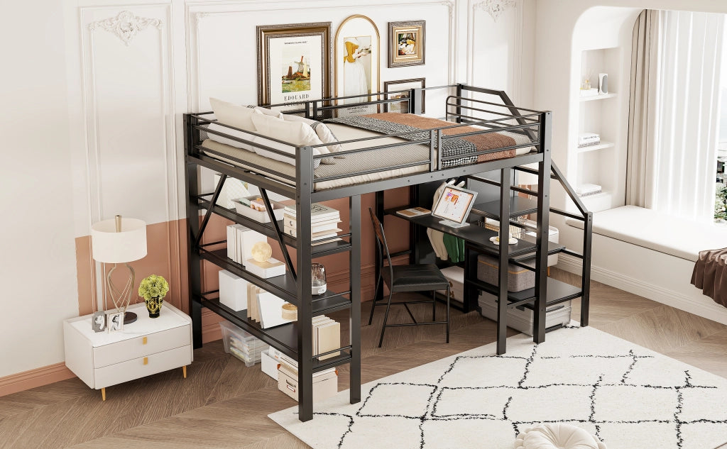 Letto alto in metallo nero con scrivania armadio e scaffali a tre livelli 140x200 cm