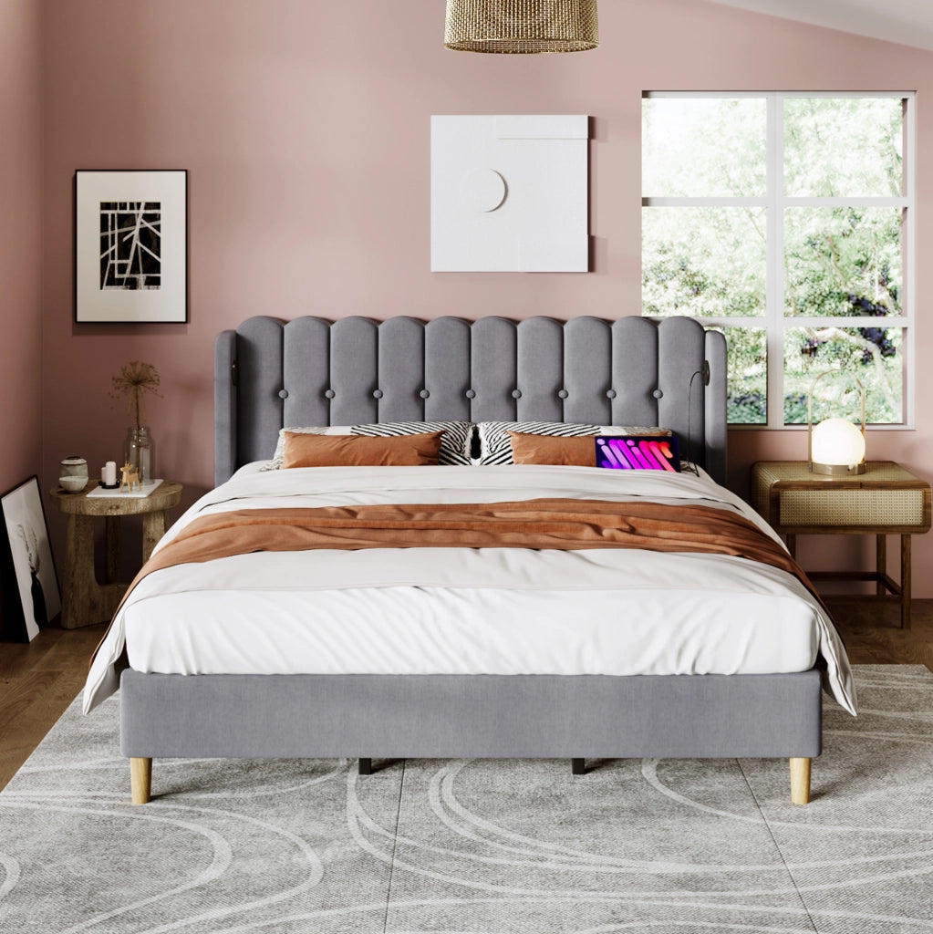 Letto imbottito grigio 180x200 cm con ricarica USB e Type-C