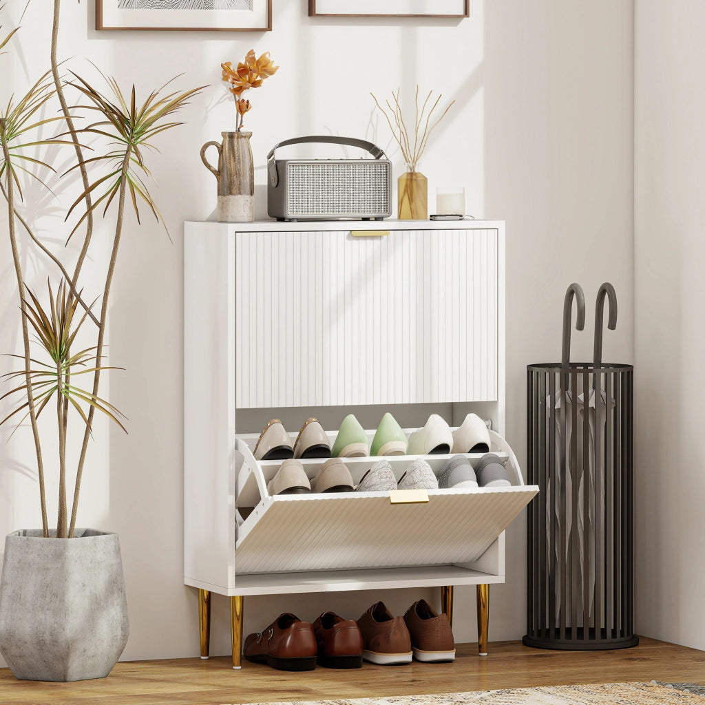 Scarpiera con 2 cassetti, ante e ripiani regolabili ¨C Zephmum ¨C Bianco 60x24x91,5cm