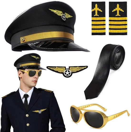 Completo abbigliamento da pilota - Set - Occhiali da pilota - Cravatta - Cappello flessibile - Altezza regolabile - Etichetta ricamata - Accessori di abbigliamento da pilota