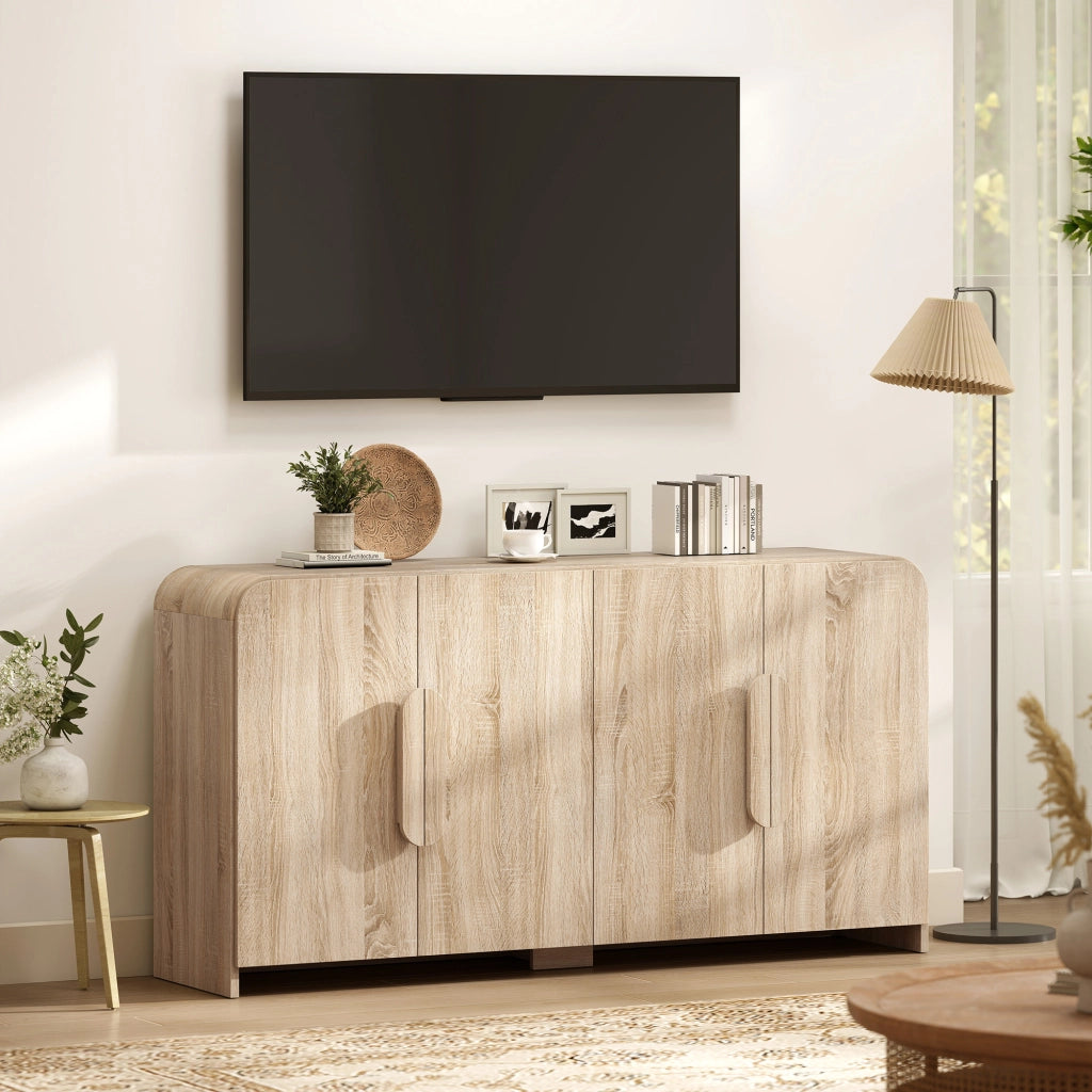 Credenza da Cucina 157x39x82 cm con 2 Armadietti Ante Soft-Close e Ripiani Regolabili in Legno Naturale