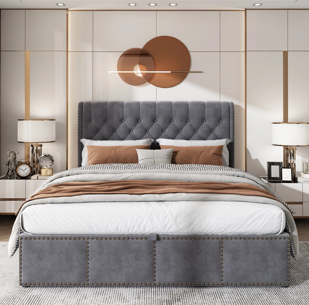 Letto contenitore 140x190 cm in velluto grigio con rete a doghe; senza materasso
