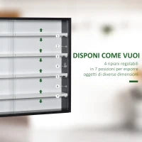Vetrina Espositiva da Parete a 4 Ripiani Regolabili, Vetrinetta per Collezionismo, Bacheca Espositore a Muro per Oggetti da Collezione, in Vetro e Truciolato, 80x9.5x60 cm, Nero e Bianco