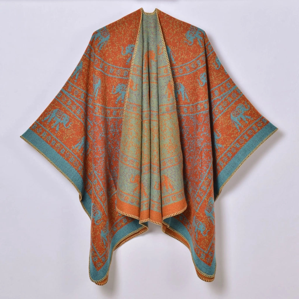 Sciarpa calda e spessa in stile retr¨°, mantella jacquard con spacco per donna