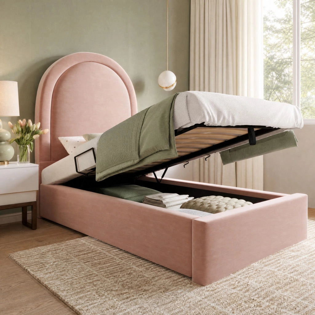 Letto imbottito singolo 90x200 cm in velluto rosa con contenitore idraulico, senza materasso