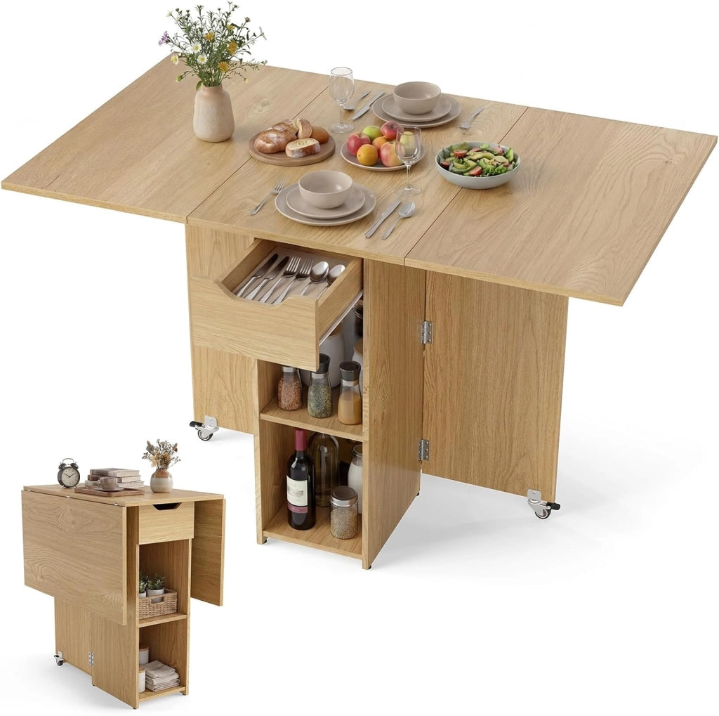 Tavolo da Pranzo Pieghevole, Mobile da Cucina con Ali Pieghevoli, 1 Cassetto e 2 Ripiani Aperti, per 2-4 Persone, Salvaspazio, 120 x 72 x 75 cm, Ideale per Sala e Cucina