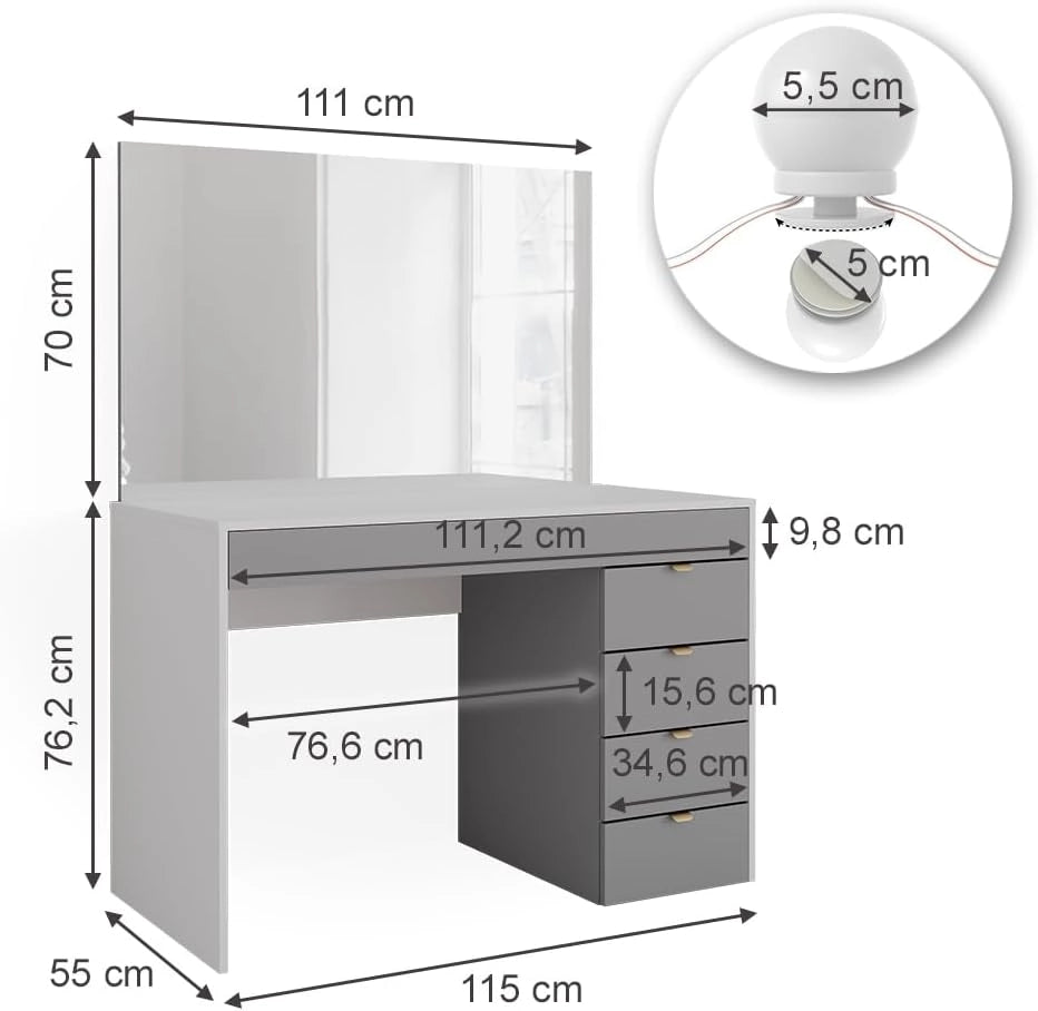 Tavolo da toeletta Elise, Bianco/grigio/grigio, 115 cm con illuminazione a LED, con illuminazione LED e superficie a specchio integrata