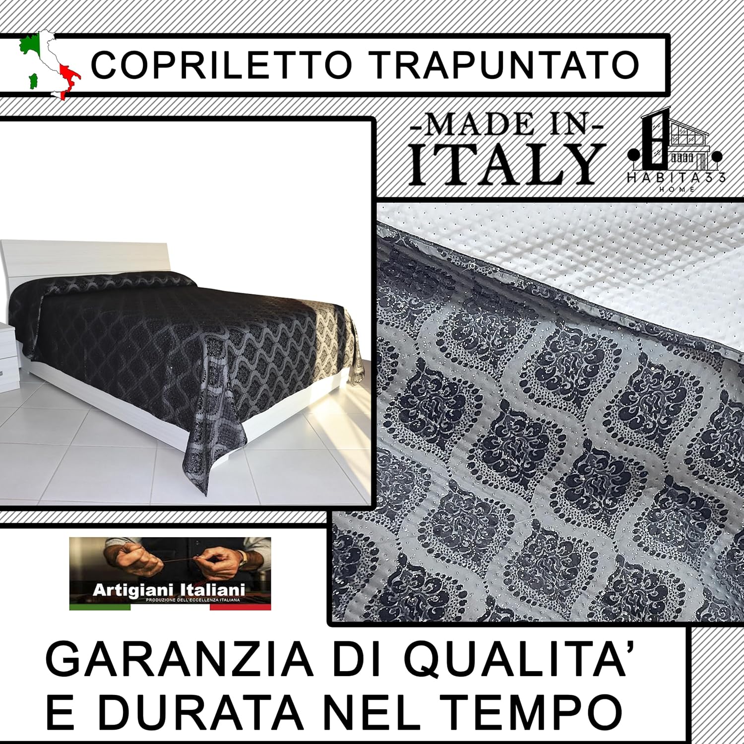 Copriletto Matrimoniale Autunno Inverno in Morbido Velluto Trapuntato, Misure Generose 250x280cm, Manifattura Italiana (Black Damascato)