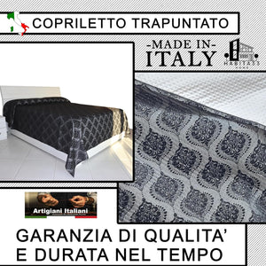Copriletto Matrimoniale Autunno Inverno in Morbido Velluto Trapuntato, Misure Generose 250x280cm, Manifattura Italiana (Black Damascato)