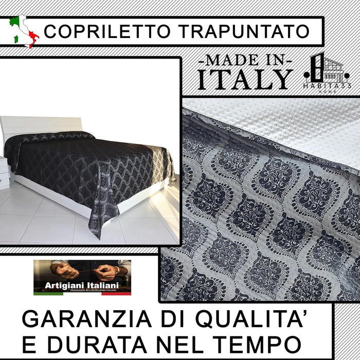 Copriletto Matrimoniale Autunno Inverno in Morbido Velluto Trapuntato, Misure Generose 250x280cm, Manifattura Italiana (Black Damascato)