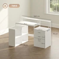 Scrivania Ufficio con 2 Tavoli, 4 Ripiani, 3 Cassetti e Supporto per Monitor, in Legno, 138.5x90x92 cm, Bianco