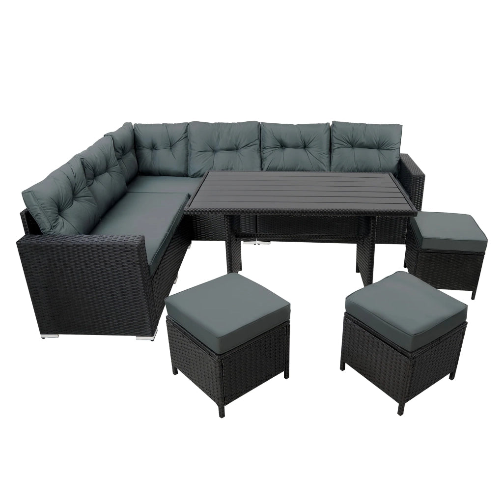 Set Angolare Rattan Giardino 9 Posti Nero Tavolo Cuscini Impermeabili