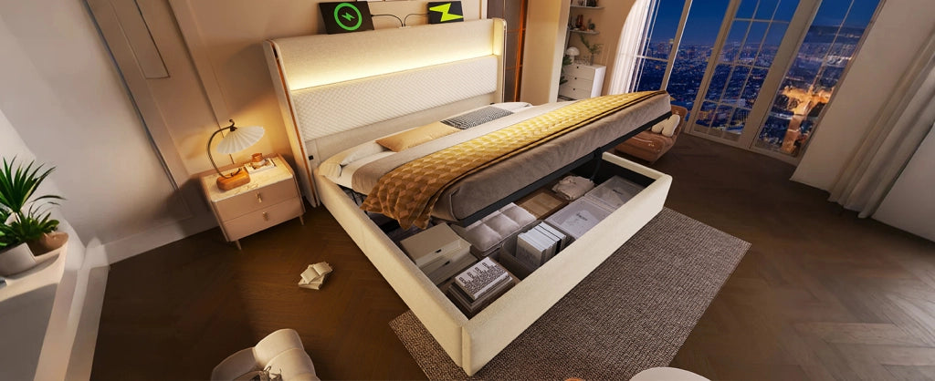 Letto contenitore 180x200 cm con LED e ricarica USB e Type C in lino beige