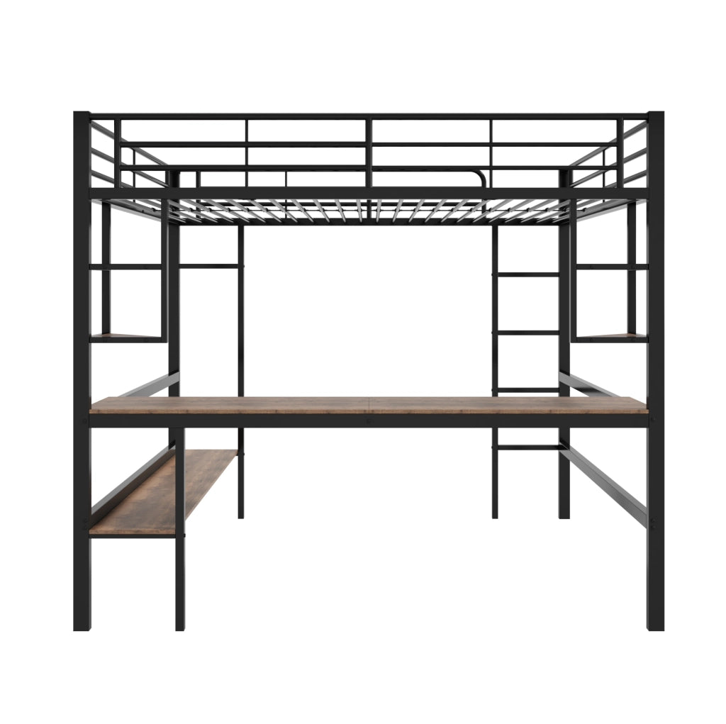 Letto a soppalco 140x200 cm con scrivania e libreria; metallo; nero (Senza materasso)