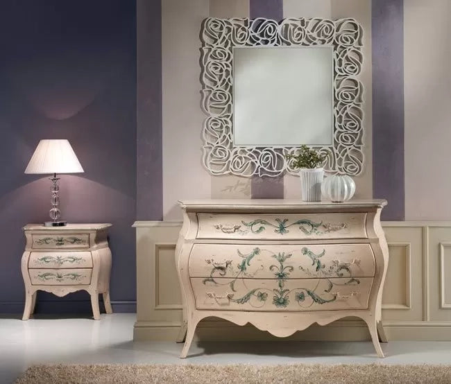 Comò bombato shabby legno avorio decori floreali 130x55x88 (1368) - Mobili 2G