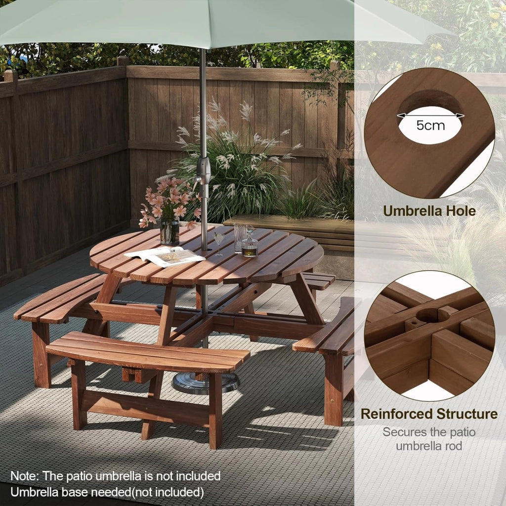 Set da Giardino per 8 Persone in Legno di Abete, Tavolo con Sedie Integrato e Foro per Ombrellone, Mobili da Esterno per Terrazza, Cortile e Pic-Nic, 178 x 70 cm