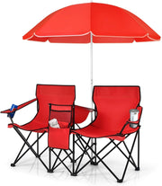 Set di 2 Sedie da Campeggio Pieghevoli, con Ombrellone e Tavolino Contenitore, Resistente e Leggero, Capacità 113 kg (Rosso)
