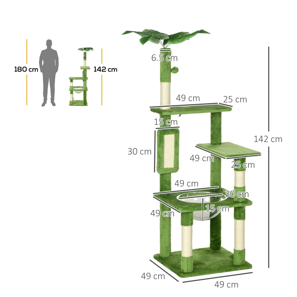 Albero Tiragraffi per Gatti Multilivello 49x49x142 cm con Amaca in Peluche e Sisal Verde