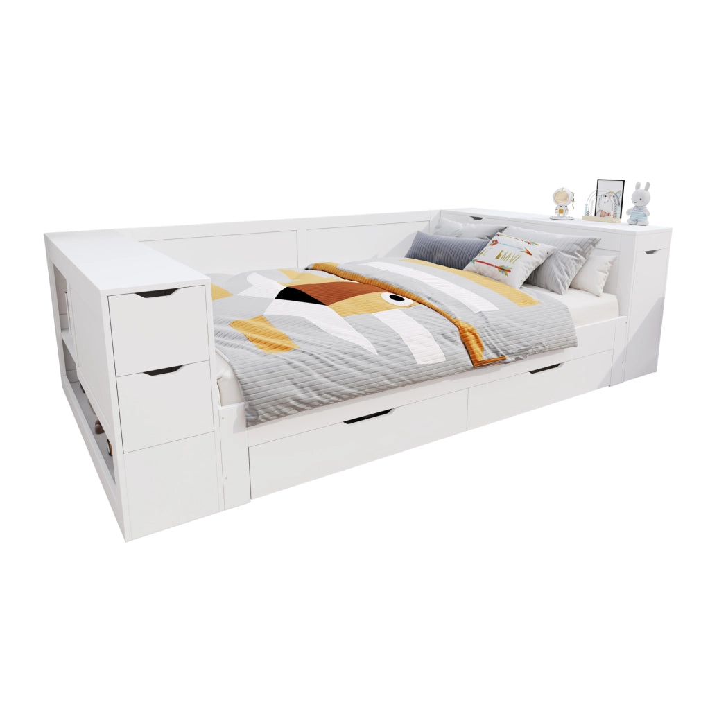 Letto multifunzione in MDF con contenitore, cassetti e comodino integrato