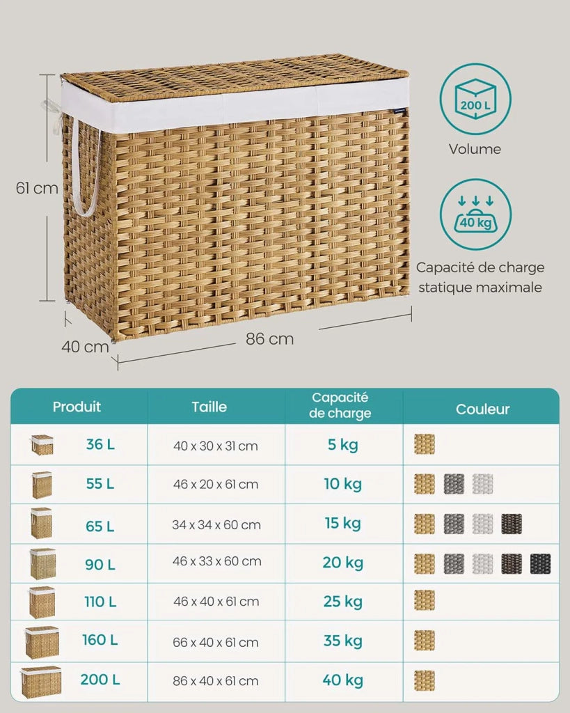 Cesto portabiancheria da 160 litri con coperchio ribaltabile sacchetti in tessuto rimovibili e manici per coperte vestiti soggiorno camera da letto lavanderia beige 12_0006785