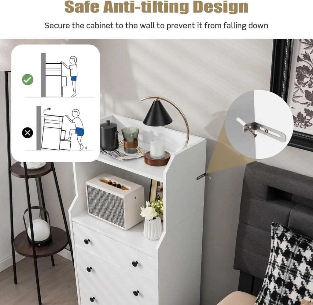 Cassettiera con 3 cassetti per camera da letto, cassettiera con ripiani aperti, mobile con dispositivo antiribaltamento, armadio ausiliario per soggiorno, studio, 58 x 36 x 111 cm, bianco