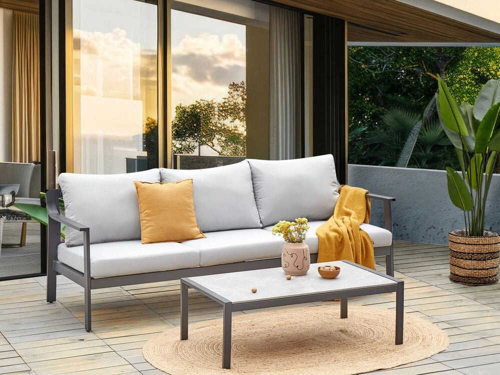 Divano da giardino 3 posti in alluminio con spessi cuscini idrorepellenti in grigio chiaro stile moderno scandinavo