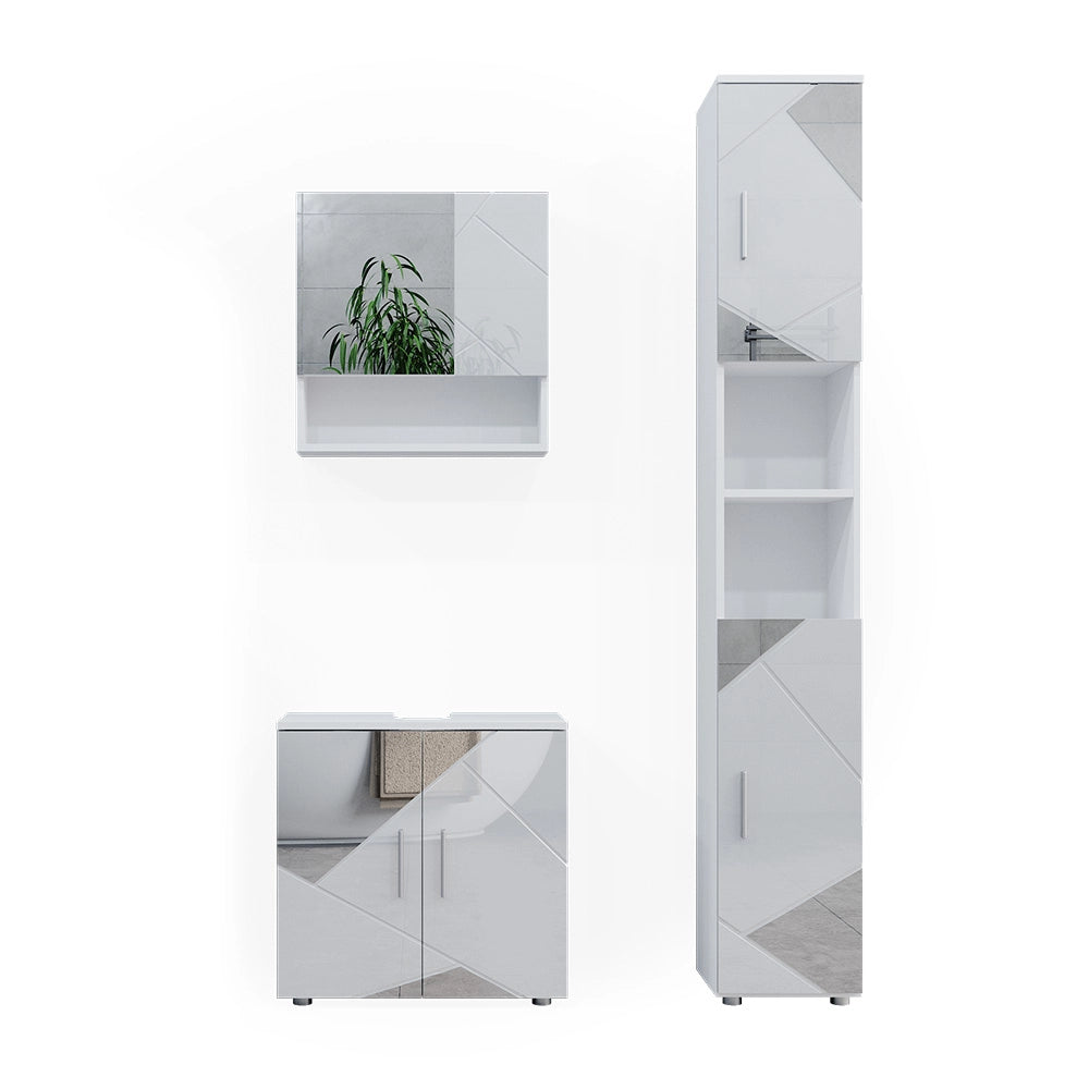 Vicco Set mobili bagno Bianco lucido con inserti 3 parti, con cassettiera e colonna
