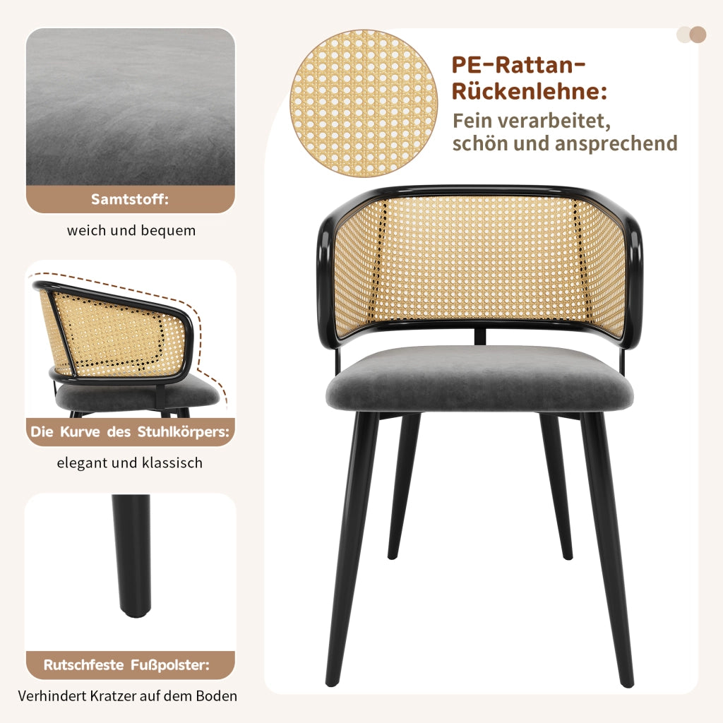 SEDIA da pranzo 47x51x79 cm in velluto grigio con schienale in rattan